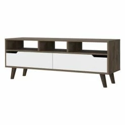 FM Furniture Hamburg TV Stand For TV´s Up 52", Four Legs, Three Open Shelves, Two Drawers Dark Walnut / White