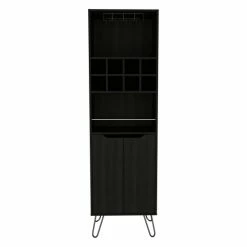 FM Furniture Sheffield H Bar Cabinet, Eight Bottle Cubbies, Two Glass Shelves Storage & Organization Black