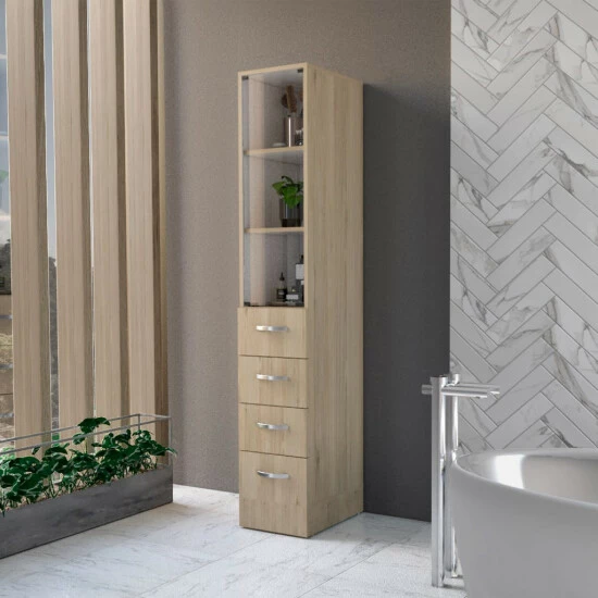 FM Furniture Preston Linen Cabinet, Three Shelves, Four Drawers Storage & Organization Light Pine/white 1 FM Furniture Preston Linen Cabinet, Three Shelves, Four Drawers Storage & Organization Light Pine/white