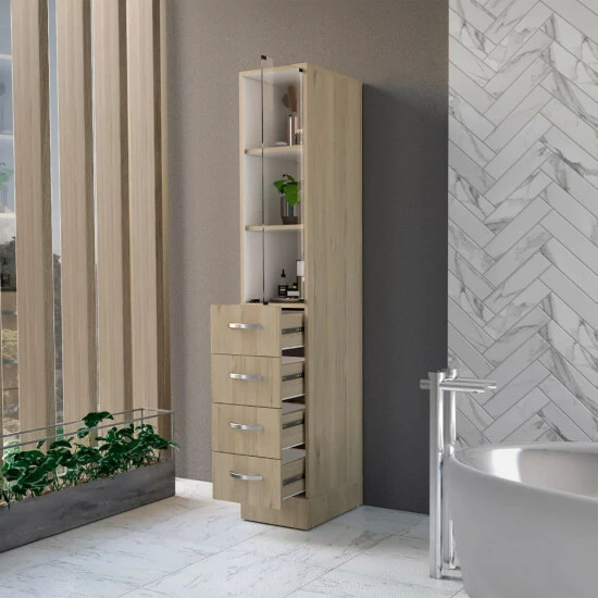 FM Furniture Preston Linen Cabinet, Three Shelves, Four Drawers Storage & Organization Light Pine/white 2 FM Furniture Preston Linen Cabinet, Three Shelves, Four Drawers Storage & Organization Light Pine/white - Image 2