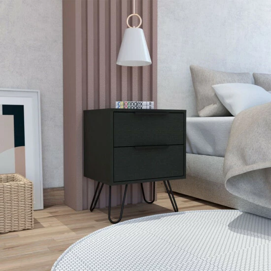 FM Furniture Nuvo Nightstand, Two Drawers, Hairpin Legs Coffee & Side Tables Light Oak 6 FM Furniture Nuvo Nightstand, Two Drawers, Hairpin Legs Coffee & Side Tables Light Oak - Image 6