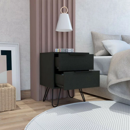 FM Furniture Nuvo Nightstand, Two Drawers, Hairpin Legs Coffee & Side Tables Light Oak 7 FM Furniture Nuvo Nightstand, Two Drawers, Hairpin Legs Coffee & Side Tables Light Oak - Image 7