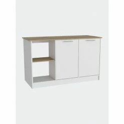 FM Furniture Carnation Kitchen Island, Two Cabinets, Four Open Shelves Storage & Organization Light Oak / White