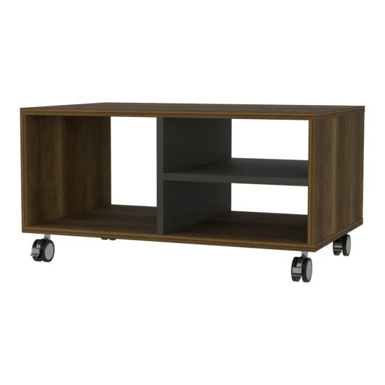 FM Furniture Lisboa Coffee Table, Four Casters, Three Shelves Coffee & Side Tables Walnut/black 1 FM Furniture Lisboa Coffee Table, Four Casters, Three Shelves Coffee & Side Tables Walnut/black