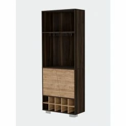 FM Furniture Bahamas Corner Bar, Ten Wine Cubbies, Double Door Cabinet, Two Shelves, One Interior Shelf Storage & Organization Dark Oak/pine
