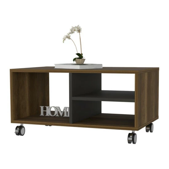 FM Furniture Lisboa Coffee Table, Four Casters, Three Shelves Coffee & Side Tables Walnut/black 2 FM Furniture Lisboa Coffee Table, Four Casters, Three Shelves Coffee & Side Tables Walnut/black - Image 2