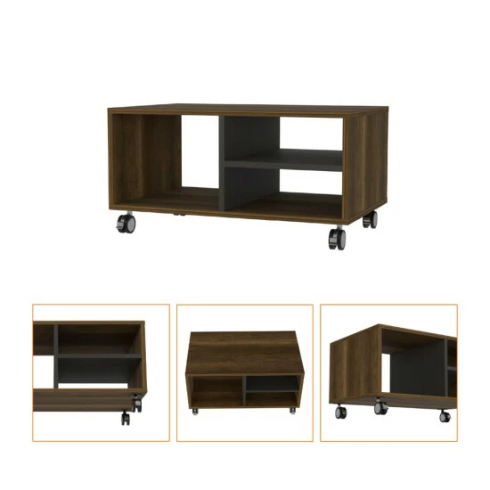 FM Furniture Lisboa Coffee Table, Four Casters, Three Shelves Coffee & Side Tables Walnut/black 3 FM Furniture Lisboa Coffee Table, Four Casters, Three Shelves Coffee & Side Tables Walnut/black - Image 3
