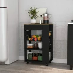 FM Furniture Shelton Kitchen Cart, Two Open Shelves, One Drawer, Four Caster Storage & Organization Black Wengue/light Oak