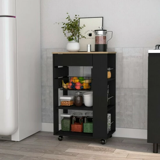 FM Furniture Shelton Kitchen Cart, Two Open Shelves, One Drawer, Four Caster Storage & Organization Black Wengue/light Oak 1 FM Furniture Shelton Kitchen Cart, Two Open Shelves, One Drawer, Four Caster Storage & Organization Black Wengue/light Oak