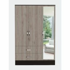 FM Furniture Florencia S Mirrored Armoire, Two Cabinets With Divisions, Two Drawers Black Wengue - Light Oak