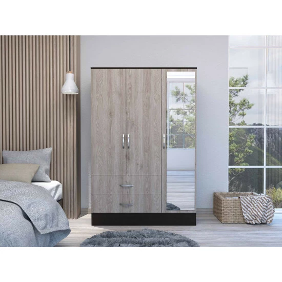 FM Furniture Florencia S Mirrored Armoire, Two Cabinets With Divisions, Two Drawers Black Wengue - Light Oak 2 FM Furniture Florencia S Mirrored Armoire, Two Cabinets With Divisions, Two Drawers Black Wengue - Light Oak - Image 2