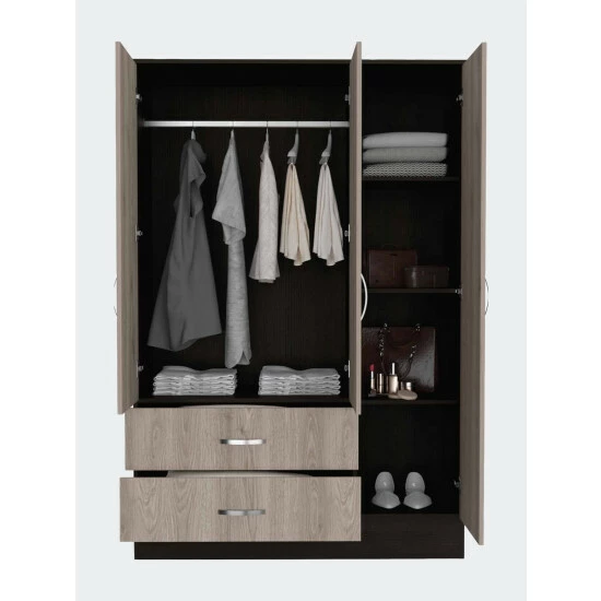 FM Furniture Florencia S Mirrored Armoire, Two Cabinets With Divisions, Two Drawers Black Wengue - Light Oak 3 FM Furniture Florencia S Mirrored Armoire, Two Cabinets With Divisions, Two Drawers Black Wengue - Light Oak - Image 3