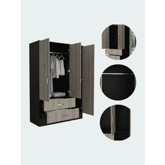 FM Furniture Florencia S Mirrored Armoire, Two Cabinets With Divisions, Two Drawers Black Wengue - Light Oak 5 FM Furniture Florencia S Mirrored Armoire, Two Cabinets With Divisions, Two Drawers Black Wengue - Light Oak - Image 5