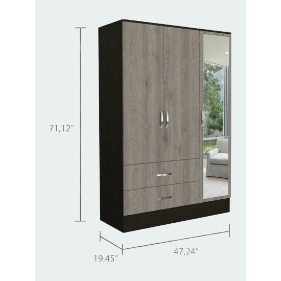 FM Furniture Florencia S Mirrored Armoire, Two Cabinets With Divisions, Two Drawers Black Wengue - Light Oak 6 FM Furniture Florencia S Mirrored Armoire, Two Cabinets With Divisions, Two Drawers Black Wengue - Light Oak - Image 6