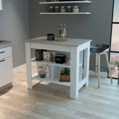 FM Furniture Brooklyn Antibacterial Surface Kitchen Island, Three Concealed Shelves Tools & Accessories White / Light Gray