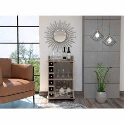 FM Furniture Vegas Bar Cart, Two Tier Cabinet With Glass Door, Six Cubbies For Liquor Storage & Organization Smokey Oak