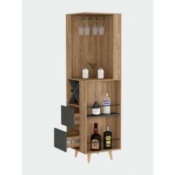 FM Furniture Ziton Corner Bar Cabinet, Two External Shelves, Two Drawers, Four Wine Compartments Storage & Organization Pine / Matt Grey