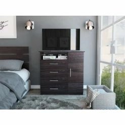 FM Furniture Carolina Four Drawer Dresser, Single Door, Rod Storage & Organization Smokey Oak/white