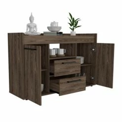 FM Furniture Ilumina Sideboard, Double Door Cabinet, Two Drawers, One Open Shelf Storage & Organization Dark Walnut