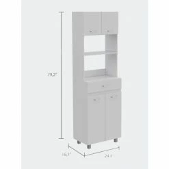 FM Furniture Auburn Microwave Pantry Cabinet, Two Cabinets, Two Open Shelves, One Drawer Storage & Organization White