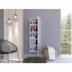 FM Furniture Connecticut Wall Mounted Shoe Rack, Mirror, Five Shelves, Ten Shoes Capacity Storage & Organization Light Gray