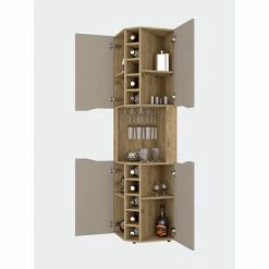 FM Furniture Lyla Corner Bar Cabinet, Ten Wine Cubbies, Four Door Cabinet, Four Interior Shelves Storage & Organization Macadamia / Taupe