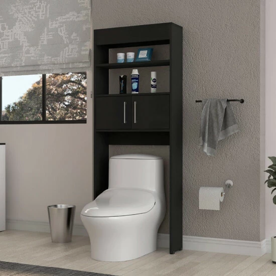 FM Furniture Valencia Over The Toilet Cabinet, Two Shelves, Double Door Storage & Organization Black Wengue 4 FM Furniture Valencia Over The Toilet Cabinet, Two Shelves, Double Door Storage & Organization Black Wengue - Image 4