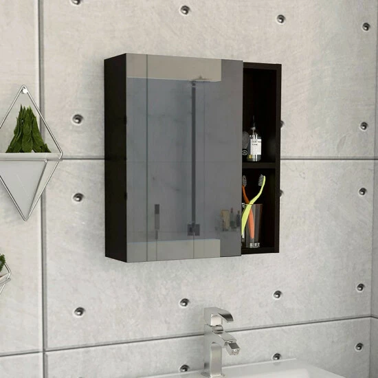 FM Furniture Lincoln Mirrored Medicine Cabinet, Five Interior Shelves Storage & Organization Black Wengue 1 FM Furniture Lincoln Mirrored Medicine Cabinet, Five Interior Shelves Storage & Organization Black Wengue
