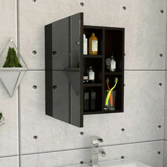 FM Furniture Lincoln Mirrored Medicine Cabinet, Five Interior Shelves Storage & Organization Black Wengue 2 FM Furniture Lincoln Mirrored Medicine Cabinet, Five Interior Shelves Storage & Organization Black Wengue - Image 2