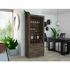 FM Furniture New York Bar Cabinet, Five Bottle Cubbies, Two Open Shelves Storage & Organization Gray Oak