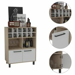 FM Furniture Kaia Bar Cabinet, Twelve Wine Cubbies, Double Door Cabinet Storage & Organization White/light Pine