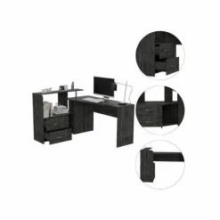 FM Furniture Dade L Shape Desk, Two Drawers, Two Shelves Gray Oak