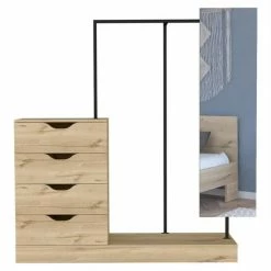 FM Furniture Odessa Connect Four Drawer Closet, Mirror, Metal Rods, Superior Top Light Oak