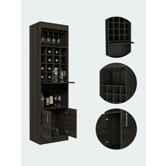 FM Furniture Illinois Bar Cabinet, Six Bottle Cubbies, One Cabinet , Eight Wine Glass Racks, One Open Shelf Storage & Organization Smokey Oak 3 FM Furniture Illinois Bar Cabinet, Six Bottle Cubbies, One Cabinet , Eight Wine Glass Racks, One Open Shelf Storage & Organization Smokey Oak - Image 3