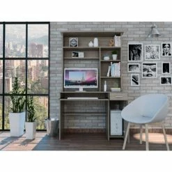 FM Furniture Weston Two Writing Computer Desk, Hutch, Two Drawers, Six Shelves Coffee & Side Tables Black Wengue