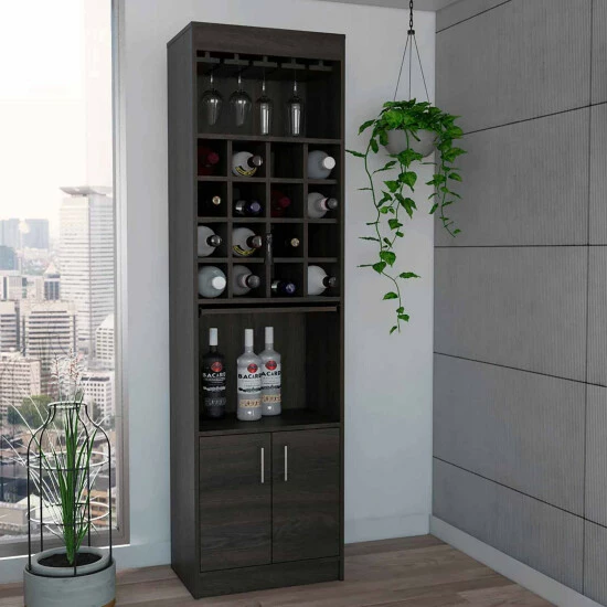 FM Furniture Illinois Bar Cabinet, Six Bottle Cubbies, One Cabinet , Eight Wine Glass Racks, One Open Shelf Storage & Organization Smokey Oak 4 FM Furniture Illinois Bar Cabinet, Six Bottle Cubbies, One Cabinet , Eight Wine Glass Racks, One Open Shelf Storage & Organization Smokey Oak - Image 4