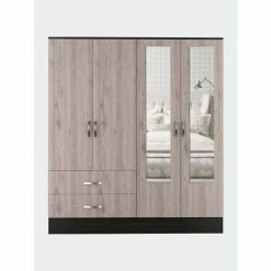 FM Furniture Florencia L Mirrored Armoire, Two Cabinets With Divisions, Two Drawers Storage & Organization Black Wengue - Light Grey