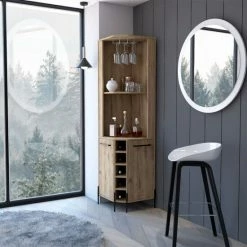 FM Furniture Reese Corner Bar Cabinet, Two Shelves, Double Door Cabinet, Five Wine Cubbies Storage & Organization Macadamia