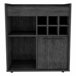FM Furniture Leeds Bar Cabinet, One Cabinet, Divisions, Two Concealed Shelves, Six Cubbies For Liquors Storage & Organization Smokey Oak