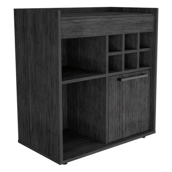 FM Furniture Leeds Bar Cabinet, One Cabinet, Divisions, Two Concealed Shelves, Six Cubbies For Liquors Storage & Organization Smokey Oak 2 FM Furniture Leeds Bar Cabinet, One Cabinet, Divisions, Two Concealed Shelves, Six Cubbies For Liquors Storage & Organization Smokey Oak - Image 2