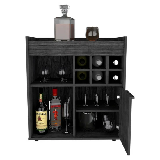 FM Furniture Leeds Bar Cabinet, One Cabinet, Divisions, Two Concealed Shelves, Six Cubbies For Liquors Storage & Organization Smokey Oak 3 FM Furniture Leeds Bar Cabinet, One Cabinet, Divisions, Two Concealed Shelves, Six Cubbies For Liquors Storage & Organization Smokey Oak - Image 3
