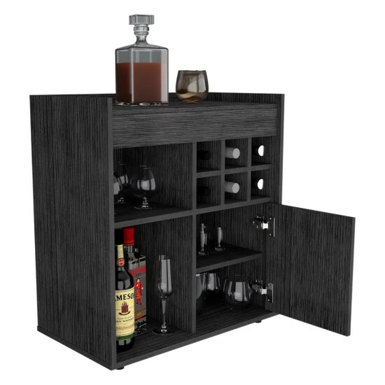 FM Furniture Leeds Bar Cabinet, One Cabinet, Divisions, Two Concealed Shelves, Six Cubbies For Liquors Storage & Organization Smokey Oak 4 FM Furniture Leeds Bar Cabinet, One Cabinet, Divisions, Two Concealed Shelves, Six Cubbies For Liquors Storage & Organization Smokey Oak - Image 4