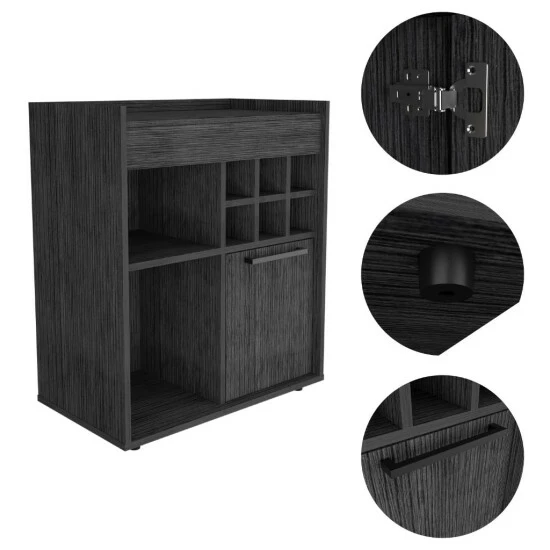 FM Furniture Leeds Bar Cabinet, One Cabinet, Divisions, Two Concealed Shelves, Six Cubbies For Liquors Storage & Organization Smokey Oak 5 FM Furniture Leeds Bar Cabinet, One Cabinet, Divisions, Two Concealed Shelves, Six Cubbies For Liquors Storage & Organization Smokey Oak - Image 5