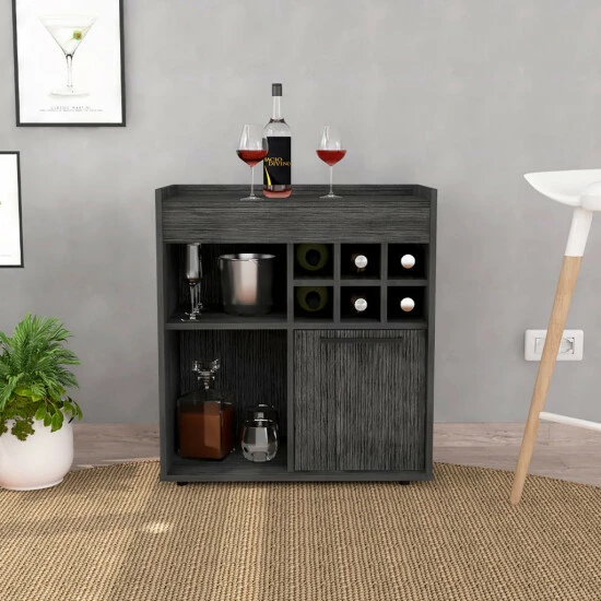 FM Furniture Leeds Bar Cabinet, One Cabinet, Divisions, Two Concealed Shelves, Six Cubbies For Liquors Storage & Organization Smokey Oak 6 FM Furniture Leeds Bar Cabinet, One Cabinet, Divisions, Two Concealed Shelves, Six Cubbies For Liquors Storage & Organization Smokey Oak - Image 6