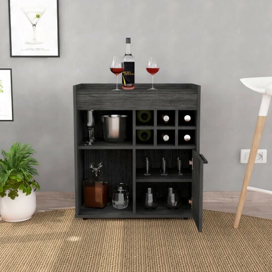FM Furniture Leeds Bar Cabinet, One Cabinet, Divisions, Two Concealed Shelves, Six Cubbies For Liquors Storage & Organization Smokey Oak 7 FM Furniture Leeds Bar Cabinet, One Cabinet, Divisions, Two Concealed Shelves, Six Cubbies For Liquors Storage & Organization Smokey Oak - Image 7