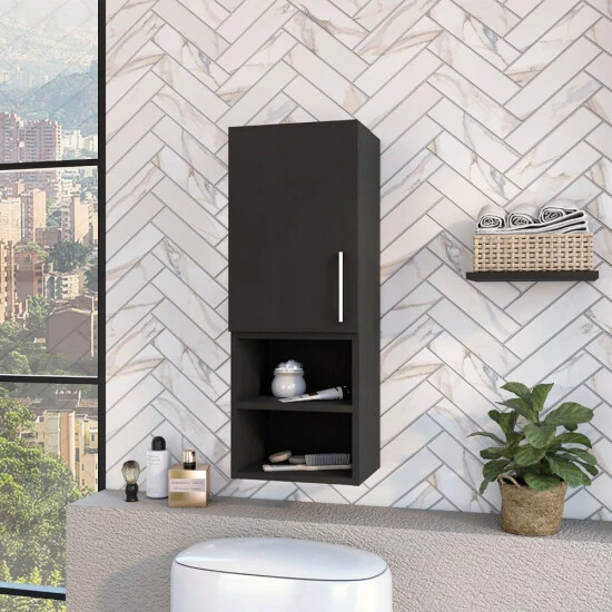 FM Furniture Praia Medicine Cabinet, Four Shelves Single Door Cabinet, Metal Handle Storage & Organization Black Wengue 3 FM Furniture Praia Medicine Cabinet, Four Shelves Single Door Cabinet, Metal Handle Storage & Organization Black Wengue - Image 3
