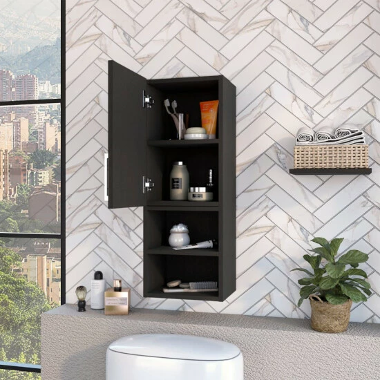 FM Furniture Praia Medicine Cabinet, Four Shelves Single Door Cabinet, Metal Handle Storage & Organization Black Wengue 4 FM Furniture Praia Medicine Cabinet, Four Shelves Single Door Cabinet, Metal Handle Storage & Organization Black Wengue - Image 4