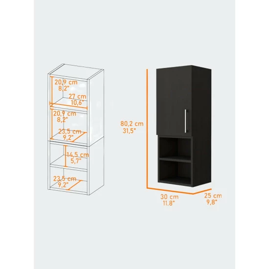 FM Furniture Praia Medicine Cabinet, Four Shelves Single Door Cabinet, Metal Handle Storage & Organization Black Wengue 5 FM Furniture Praia Medicine Cabinet, Four Shelves Single Door Cabinet, Metal Handle Storage & Organization Black Wengue - Image 5