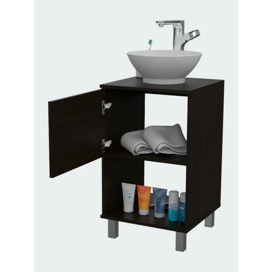 FM Furniture Malibu Single Bathroom Vanity, Single Door Cabinet, One Open Shelf Bath Accessories Black Wengue 4 FM Furniture Malibu Single Bathroom Vanity, Single Door Cabinet, One Open Shelf Bath Accessories Black Wengue - Image 4