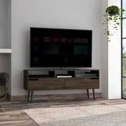 FM Furniture Hamburg TV Stand For TV´s Up 60", Four Legs, Three Open Shelves Dark Walnut